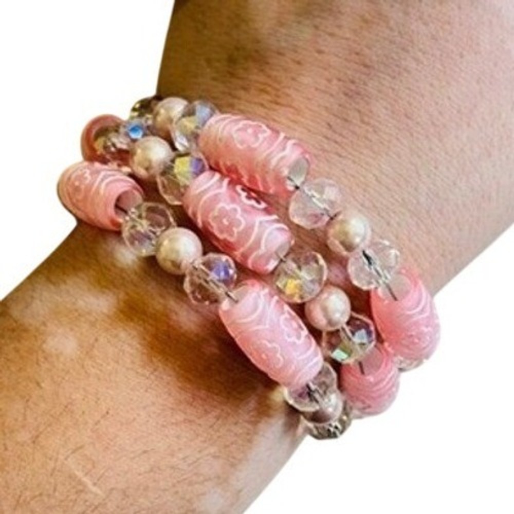 Crystal Pink Wrap Bracelet‎ VTG Coil Glass Statement Beads Retro elegant 60s